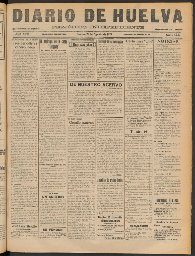 Miniatura de Diario de Huelva : periódico independiente del 21 de agosto de 1924