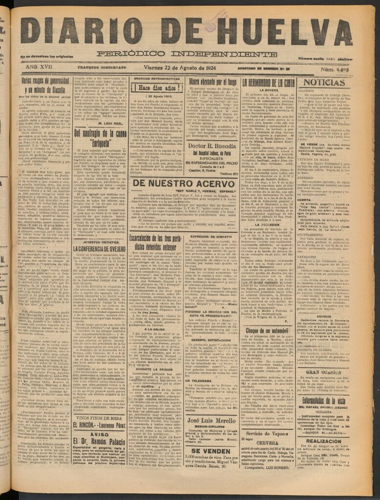 Miniatura de Diario de Huelva : periódico independiente del 22 de agosto de 1924