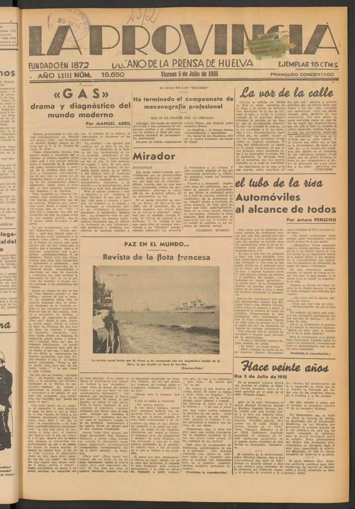 Miniatura de La Provincia : diario de la noche del 5 de julio de 1935