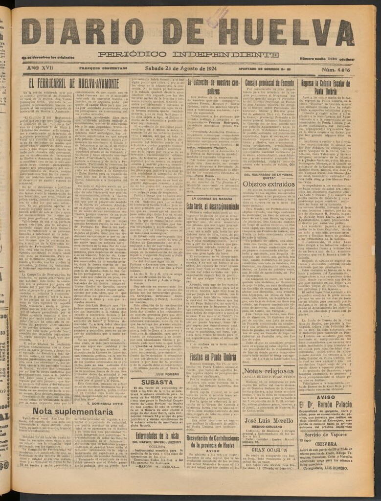 Miniatura de Diario de Huelva : periódico independiente del 23 de agosto de 1924