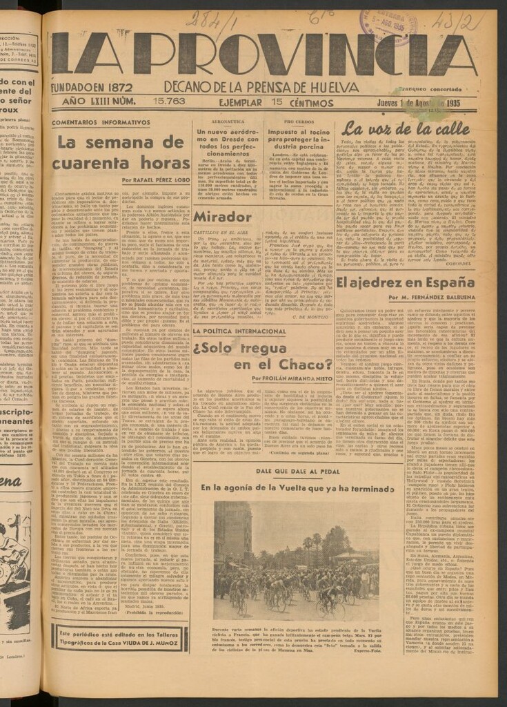 Miniatura de La Provincia : diario de la noche del 1 de agosto de 1935
