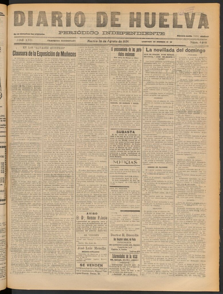 Miniatura de Diario de Huelva : periódico independiente del 26 de agosto de 1924