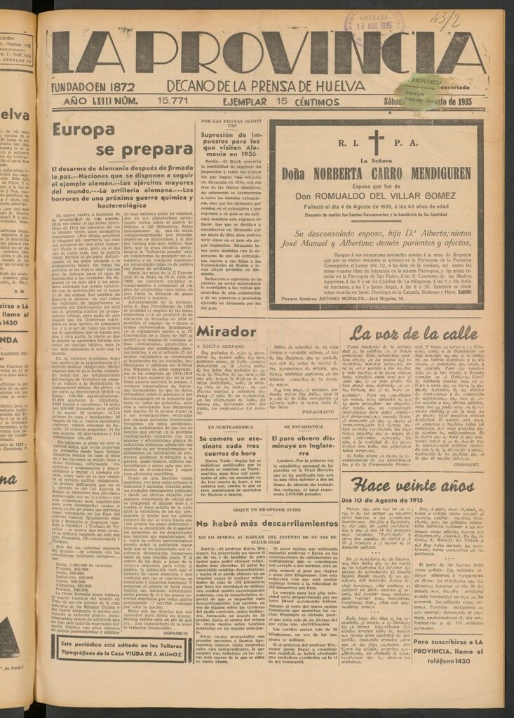 Miniatura de La Provincia : diario de la noche del 10 de agosto de 1935