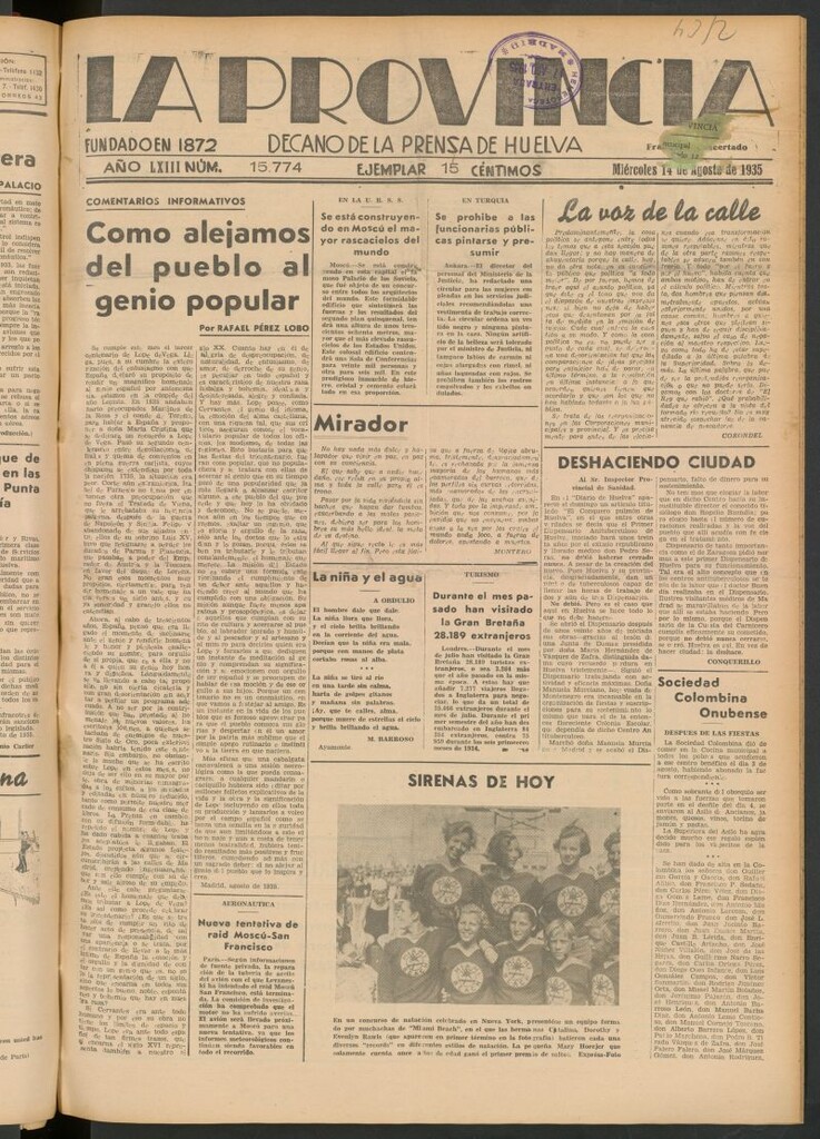 Miniatura de La Provincia : diario de la noche del 14 de agosto de 1935