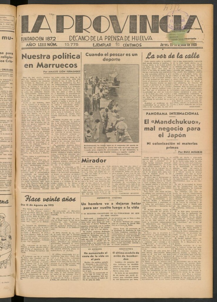 Miniatura de La Provincia : diario de la noche del 15 de agosto de 1935