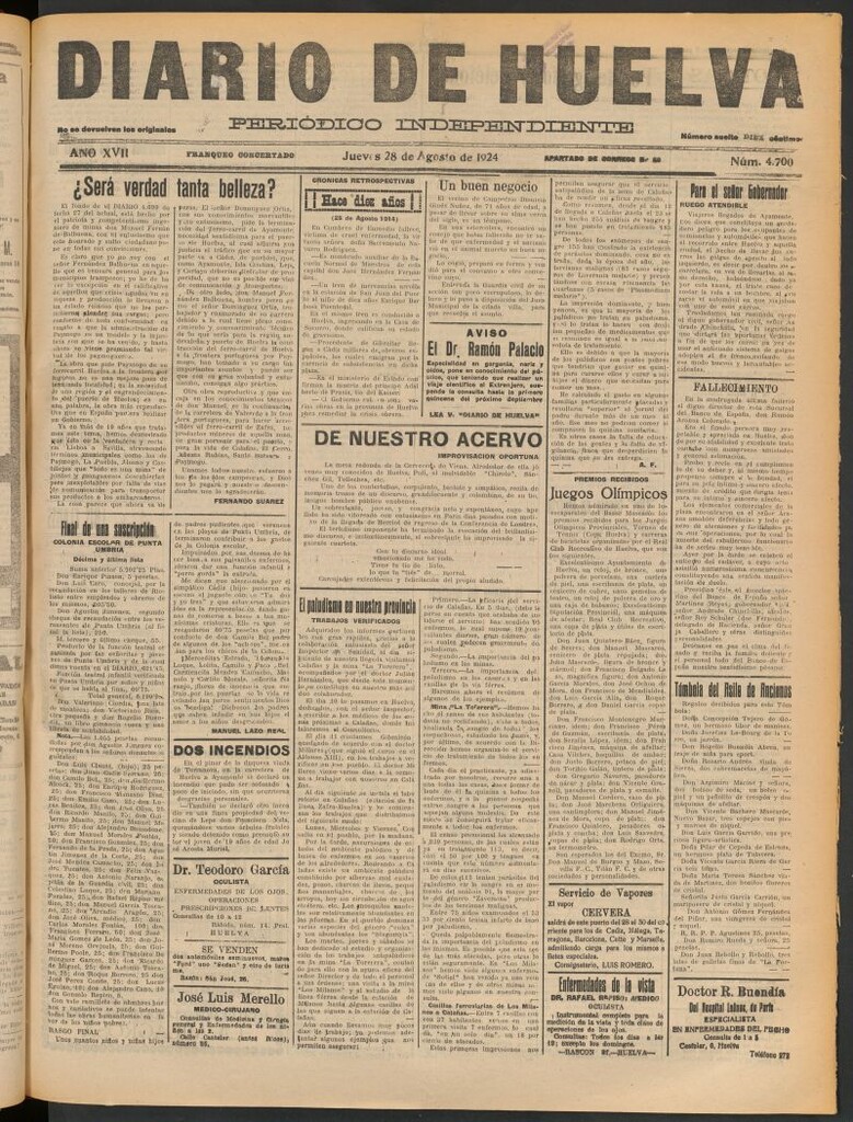 Miniatura de Diario de Huelva : periódico independiente del 28 de agosto de 1924