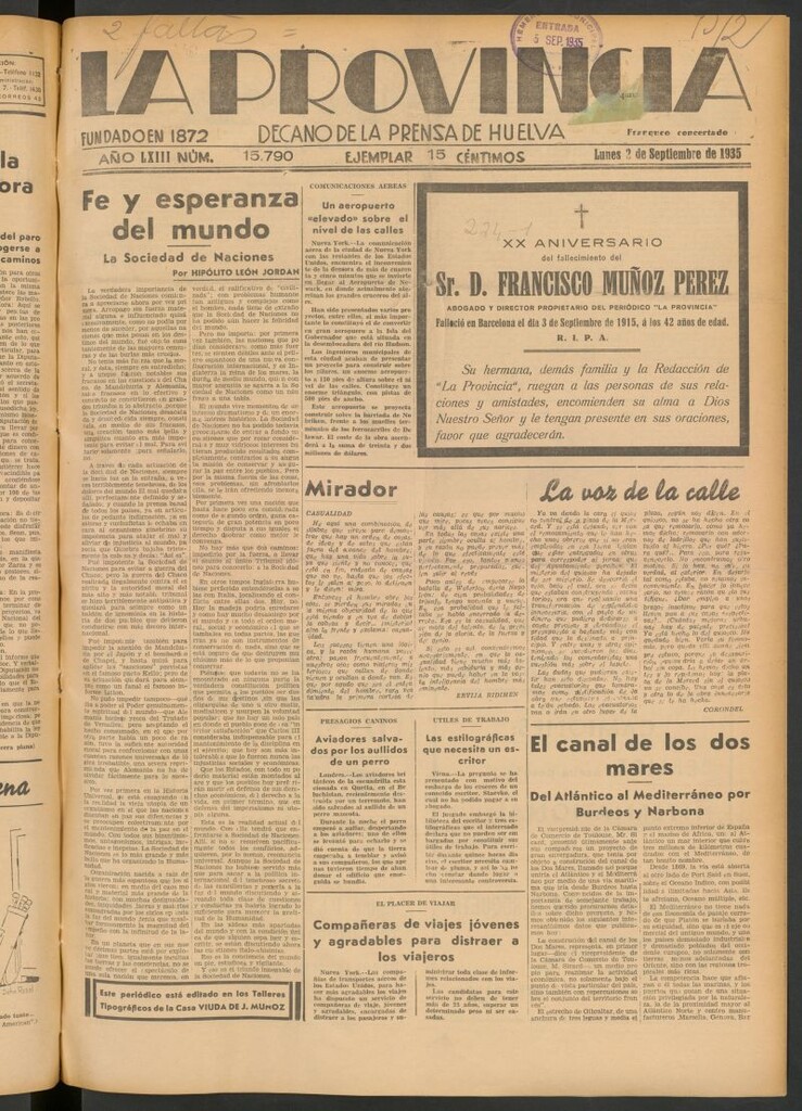 Miniatura de La Provincia : diario de la noche del 2 de septiembre de 1935