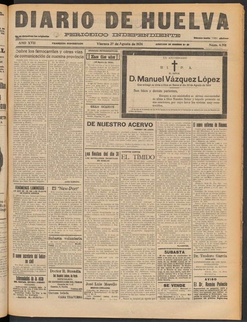 Miniatura de Diario de Huelva : periódico independiente del 29 de agosto de 1924