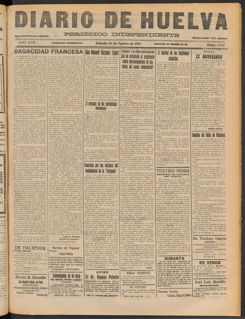 Miniatura de Diario de Huelva : periódico independiente del 30 de agosto de 1924
