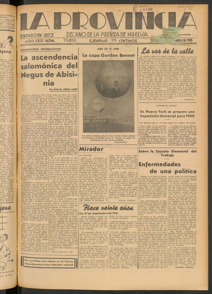 Miniatura de La Provincia : diario de la noche del 27 de septiembre de 1935