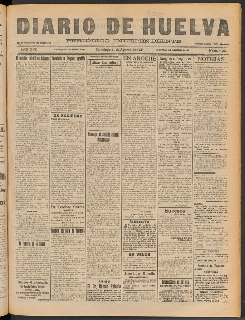 Miniatura de Diario de Huelva : periódico independiente del 31 de agosto de 1924