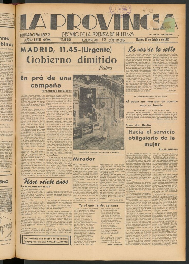 Miniatura de La Provincia : diario de la noche del 29 de octubre de 1935
