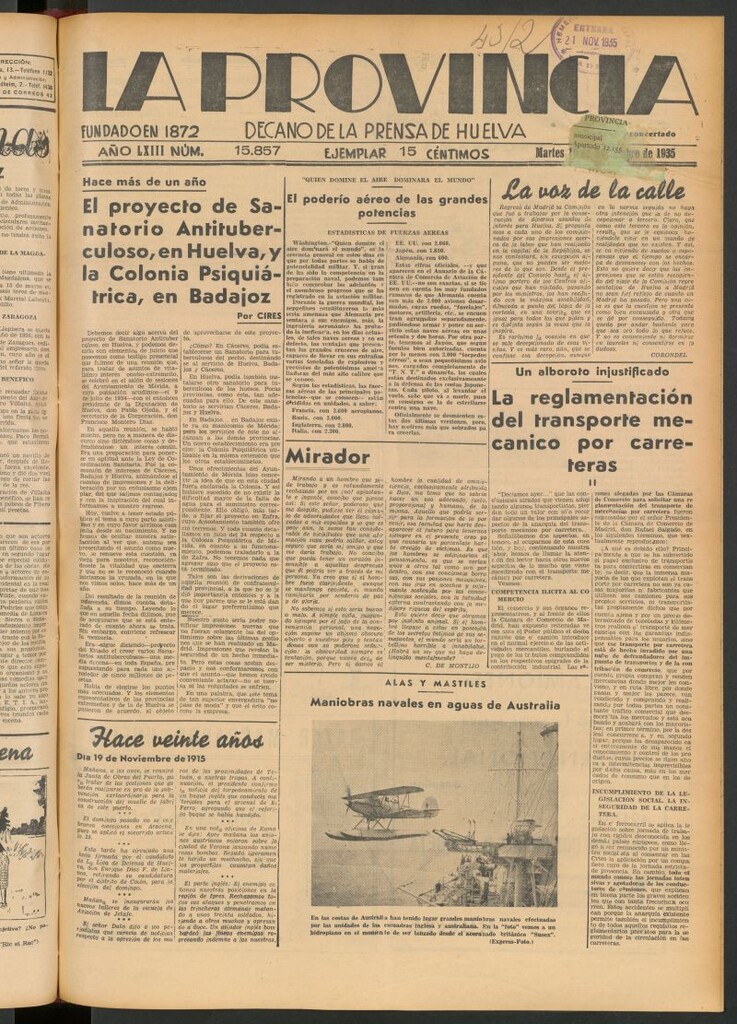 Miniatura de La Provincia : diario de la noche del 19 de noviembre de 1935