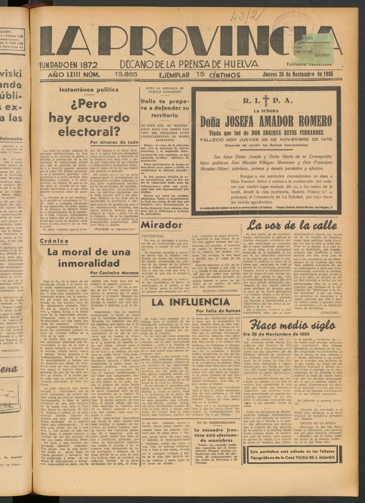 Miniatura de La Provincia : diario de la noche del 28 de noviembre de 1935