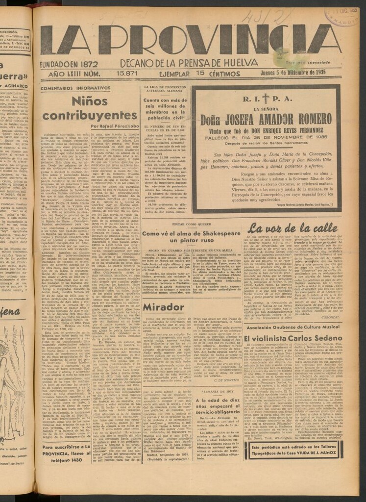 Miniatura de La Provincia : diario de la noche del 5 de diciembre de 1935