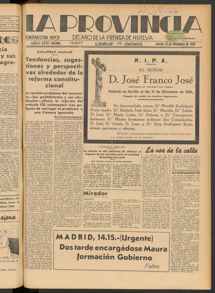 Miniatura de La Provincia : diario de la noche del 12 de diciembre de 1935
