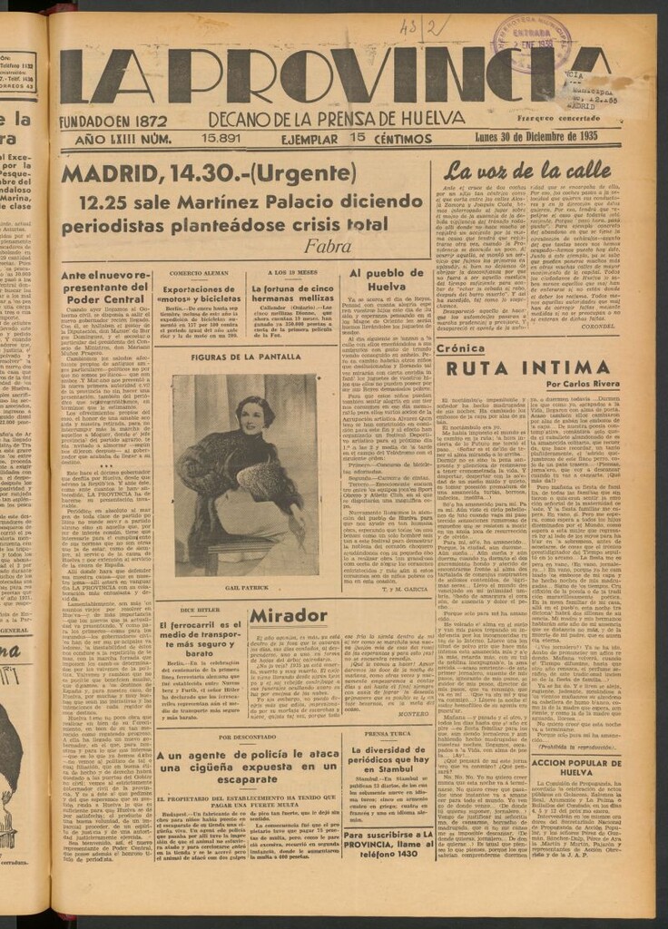 Miniatura de La Provincia : diario de la noche del 30 de diciembre de 1935