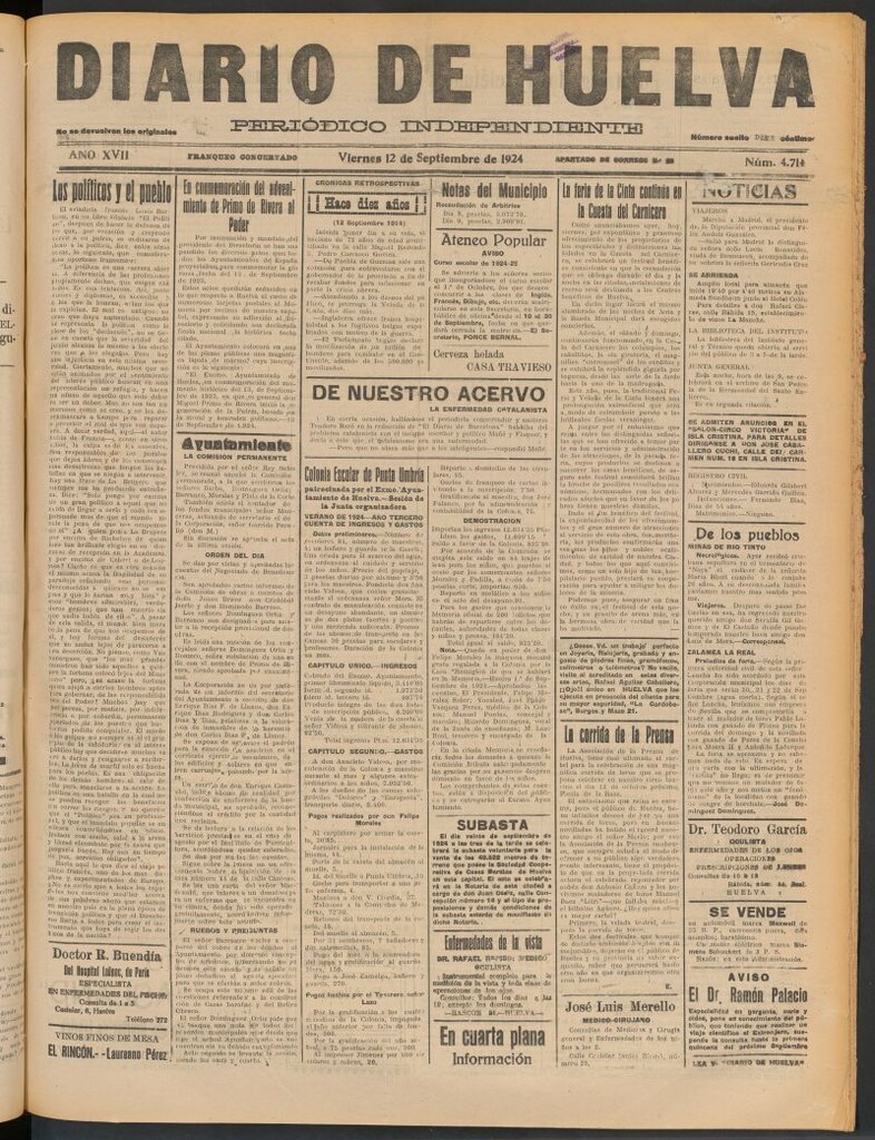 Miniatura de Diario de Huelva : periódico independiente del 12 de septiembre de 1924