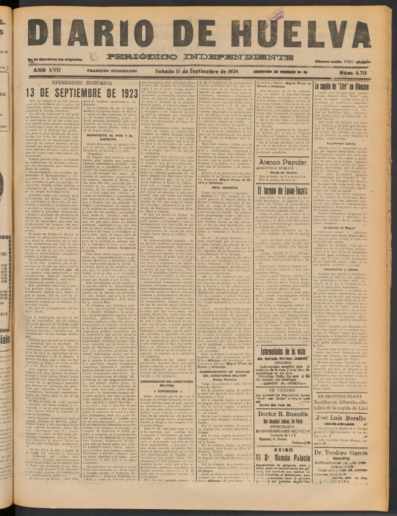 Miniatura de Diario de Huelva : periódico independiente del 13 de septiembre de 1924