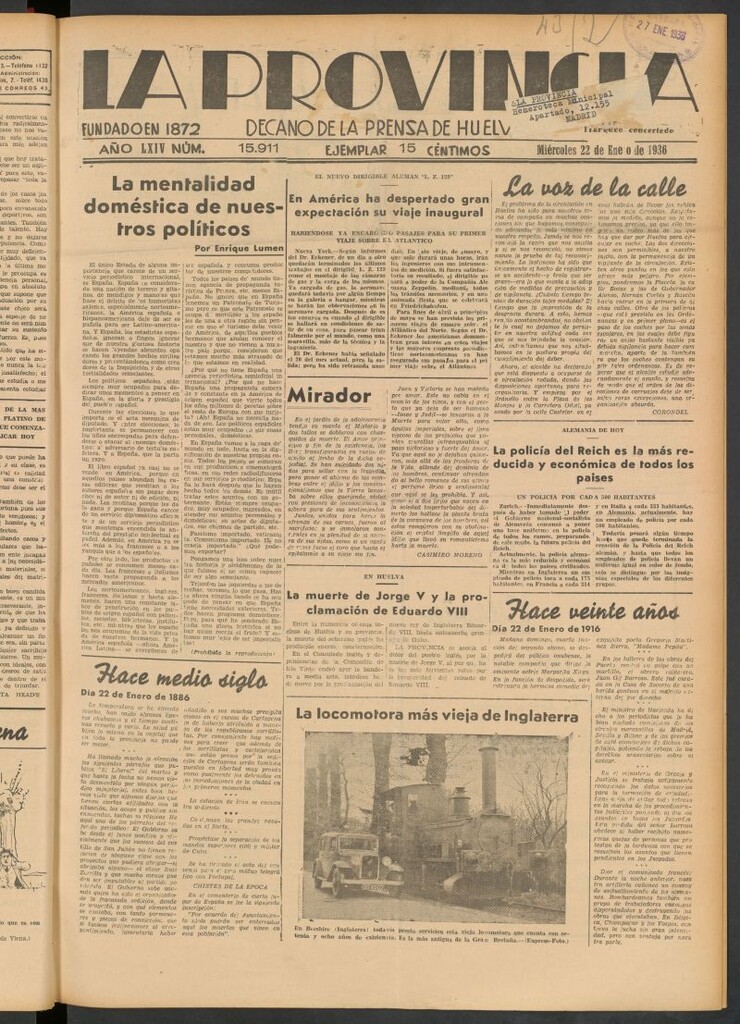 Miniatura de La Provincia : diario de la noche del 22 de enero de 1936