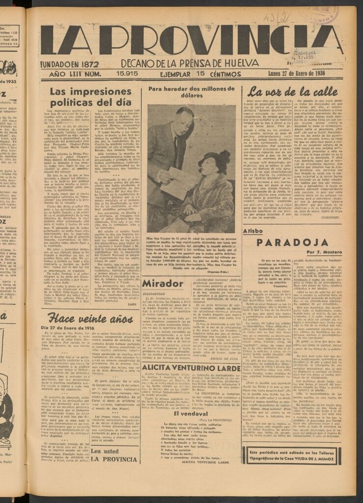 Miniatura de La Provincia : diario de la noche del 27 de enero de 1936