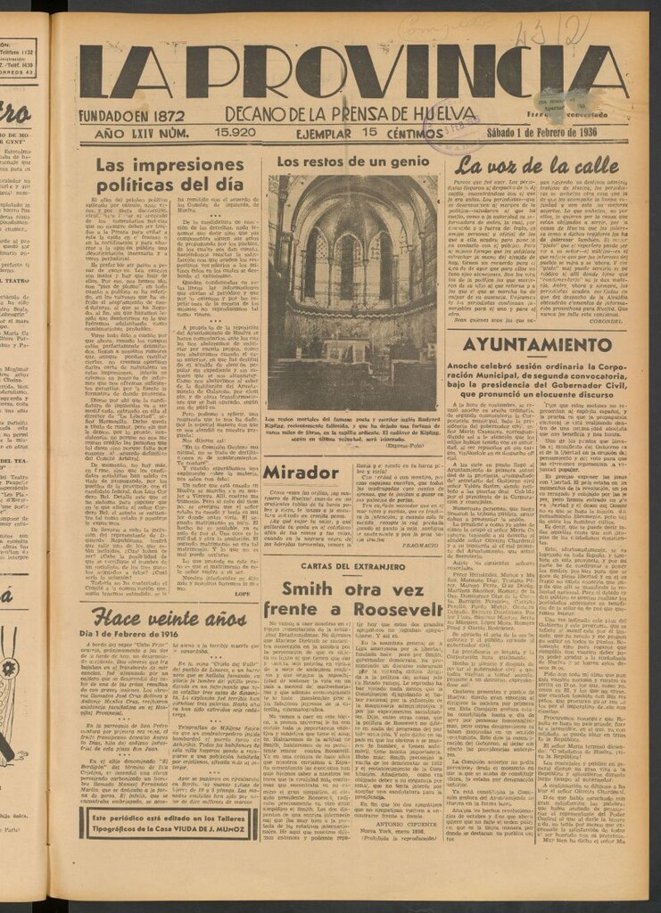 Miniatura de La Provincia : diario de la noche del 1 de febrero de 1936