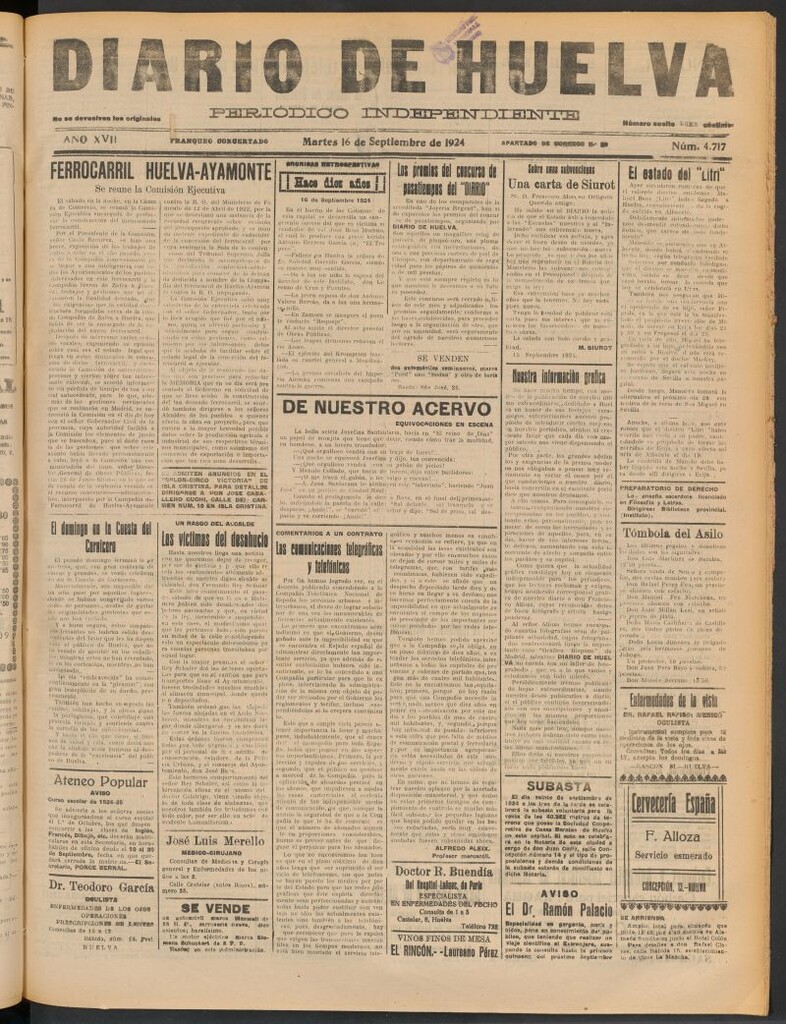 Miniatura de Diario de Huelva : periódico independiente del 16 de septiembre de 1924