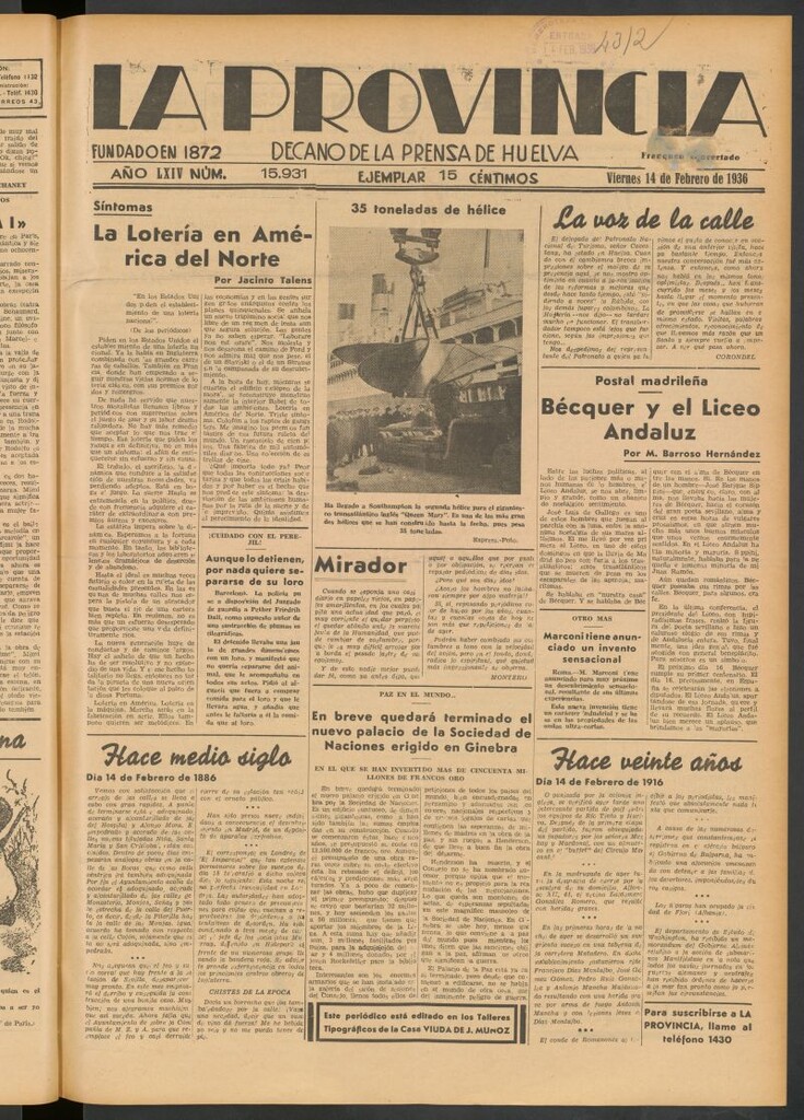 Miniatura de La Provincia : diario de la noche del 14 de febrero de 1936