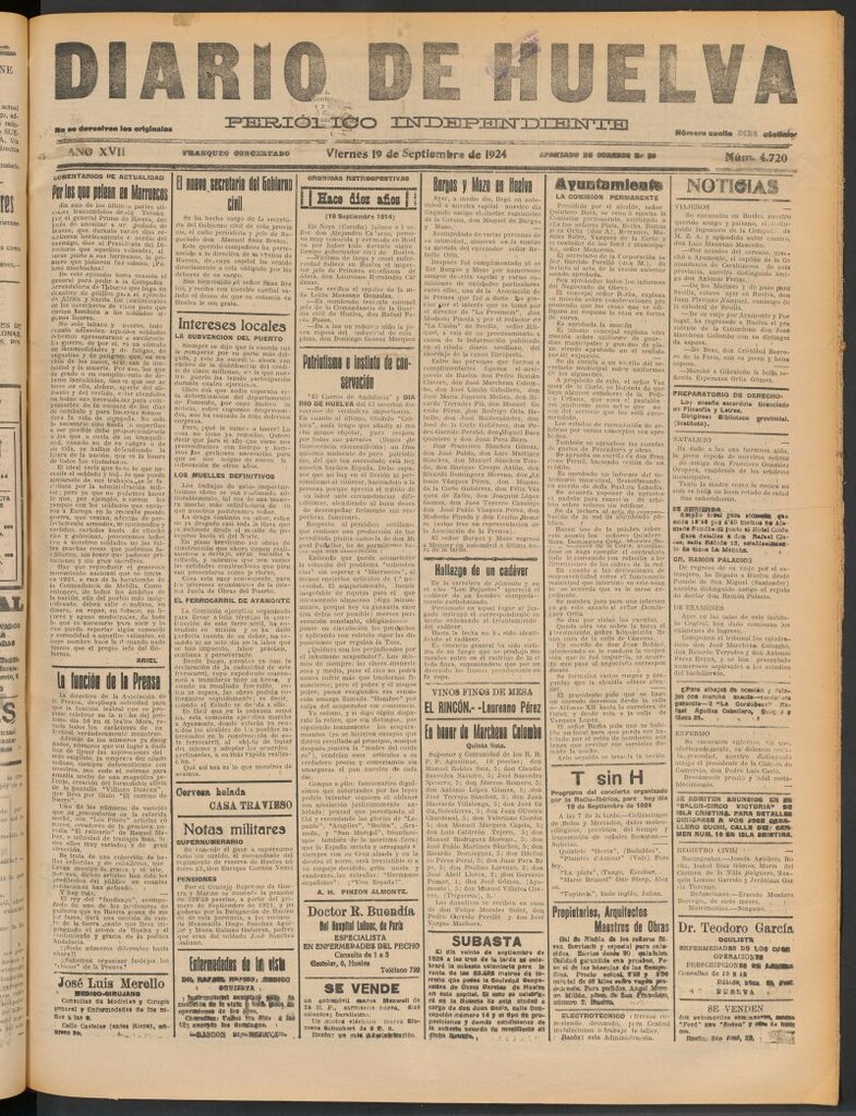Miniatura de Diario de Huelva : periódico independiente del 19 de septiembre de 1924