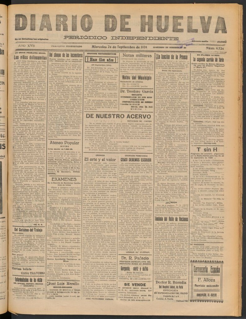 Miniatura de Diario de Huelva : periódico independiente del 24 de septiembre de 1924