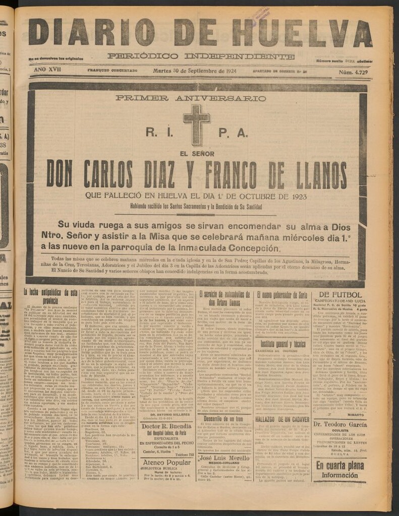 Miniatura de Diario de Huelva : periódico independiente del 30 de septiembre de 1924