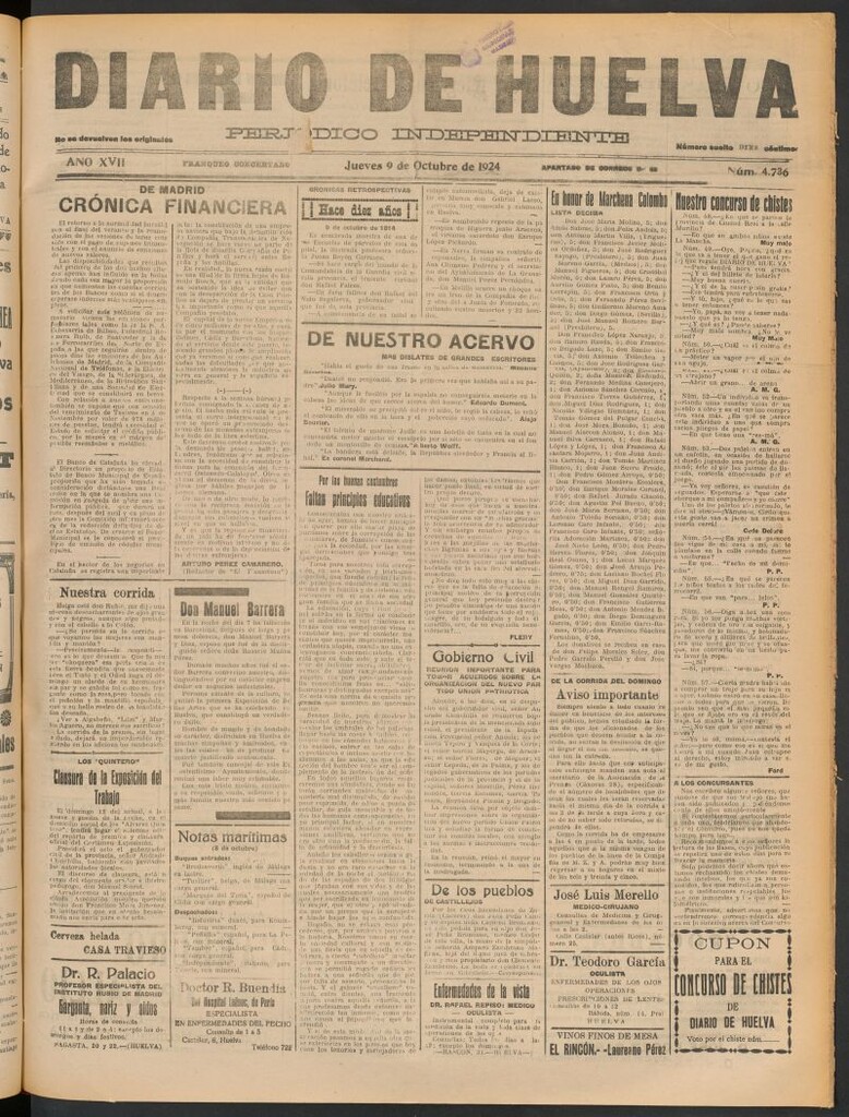 Miniatura de Diario de Huelva : periódico independiente del 9 de octubre de 1924