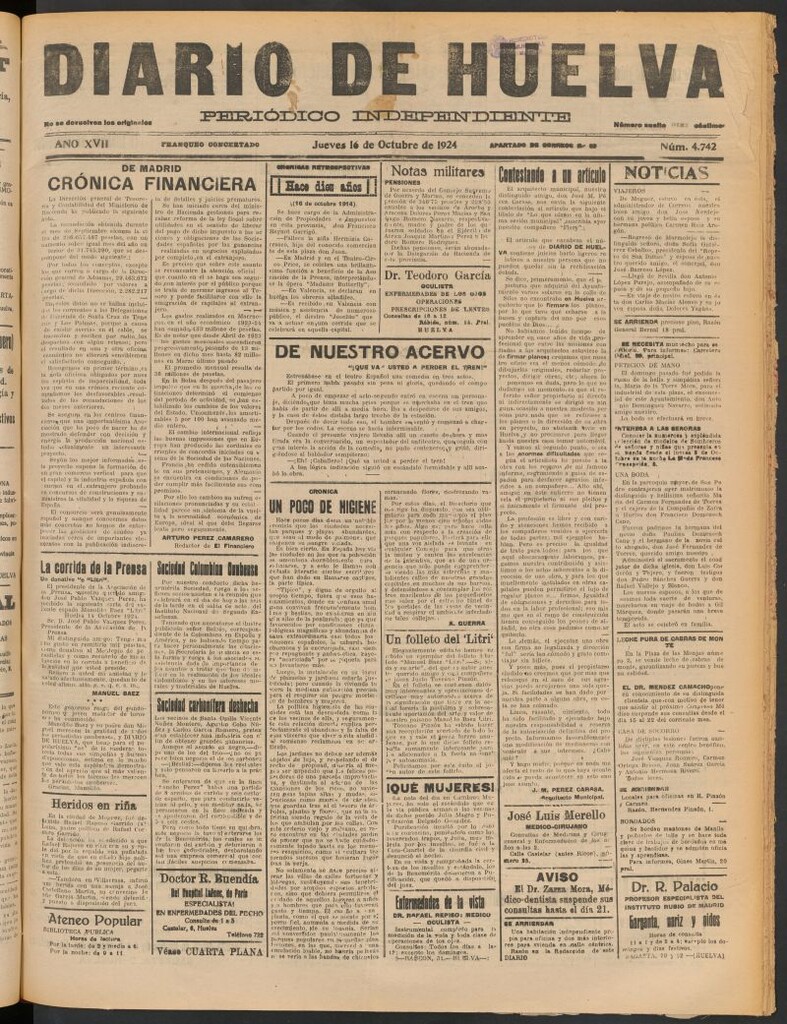 Miniatura de Diario de Huelva : periódico independiente del 16 de octubre de 1924