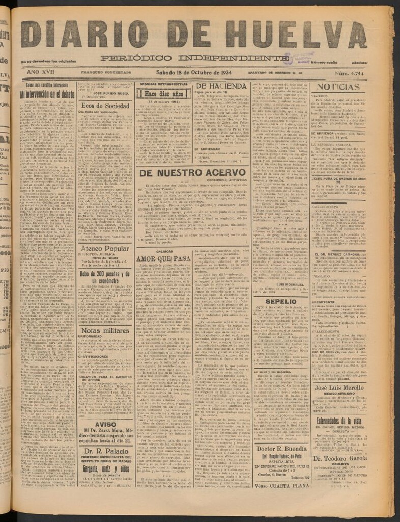 Miniatura de Diario de Huelva : periódico independiente del 18 de octubre de 1924
