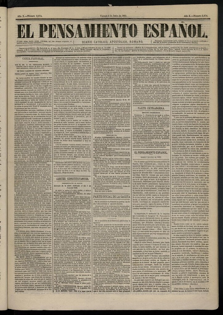 Miniatura de El Pensamiento Español del 4 de junio de 1869, nº 2874