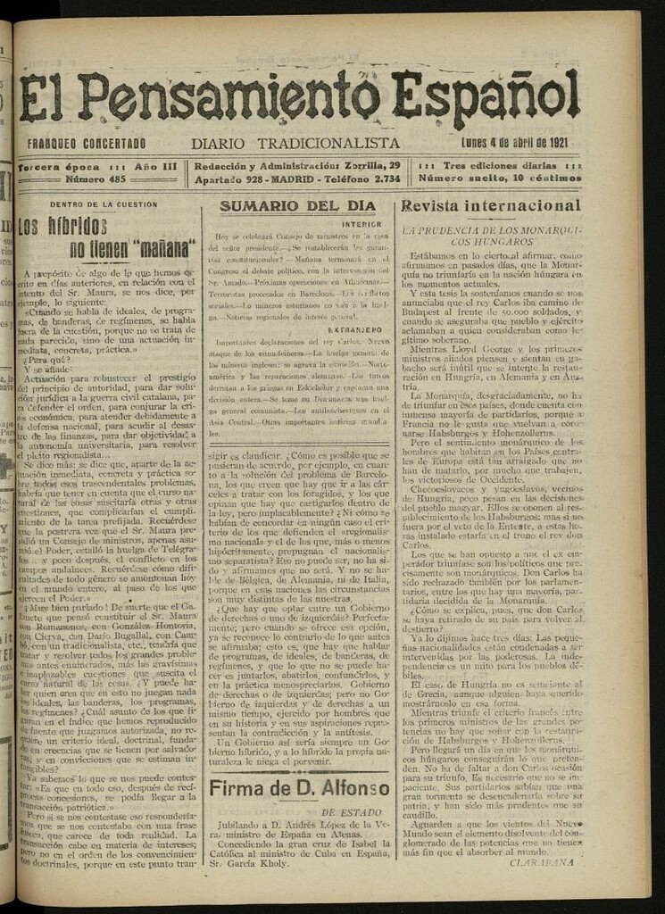 Miniatura de El Pensamiento Español del 4 de abril de 1921, nº 485