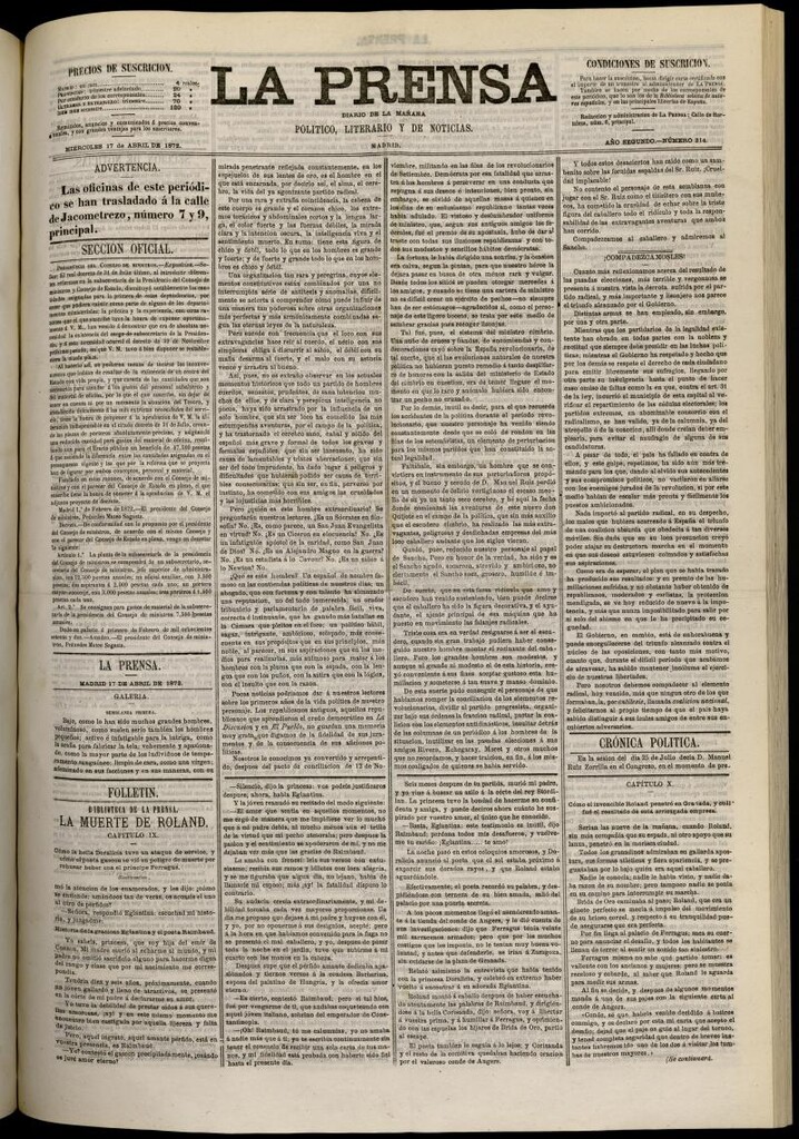 Miniatura de La Prensa : diario de la mañana : político, literario y de noticias del 17 de abril de 1872, nº 314