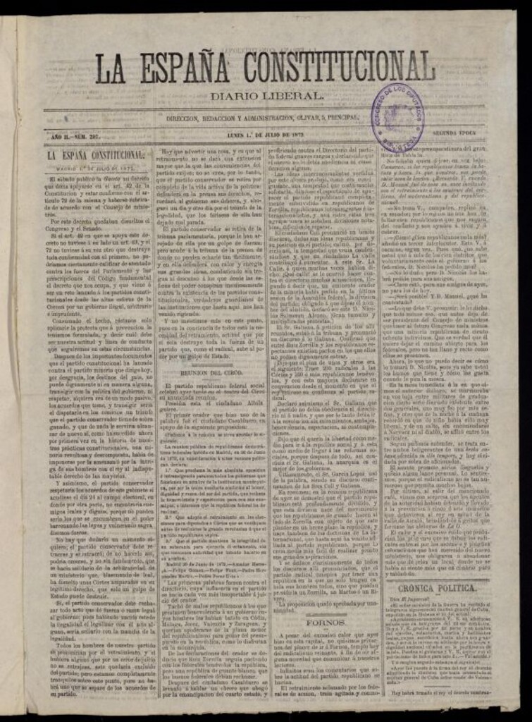 Miniatura de La España Constitucional: diario liberal del lunes 1 de julio de 1872. Número 297