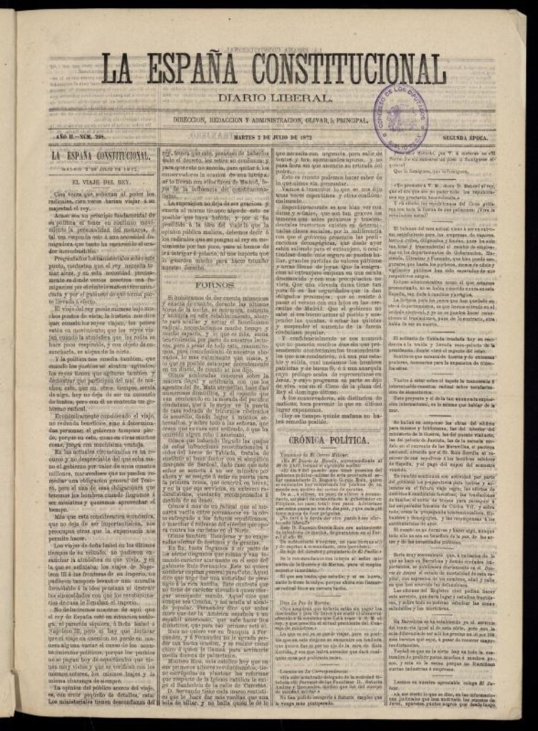 Miniatura de La España Constitucional: diario liberal del martes 2 de julio de 1872. Número 298