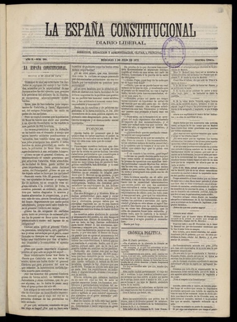 Miniatura de La España Constitucional : diario liberal del miércoles 3 de julio de 1872. Número 299