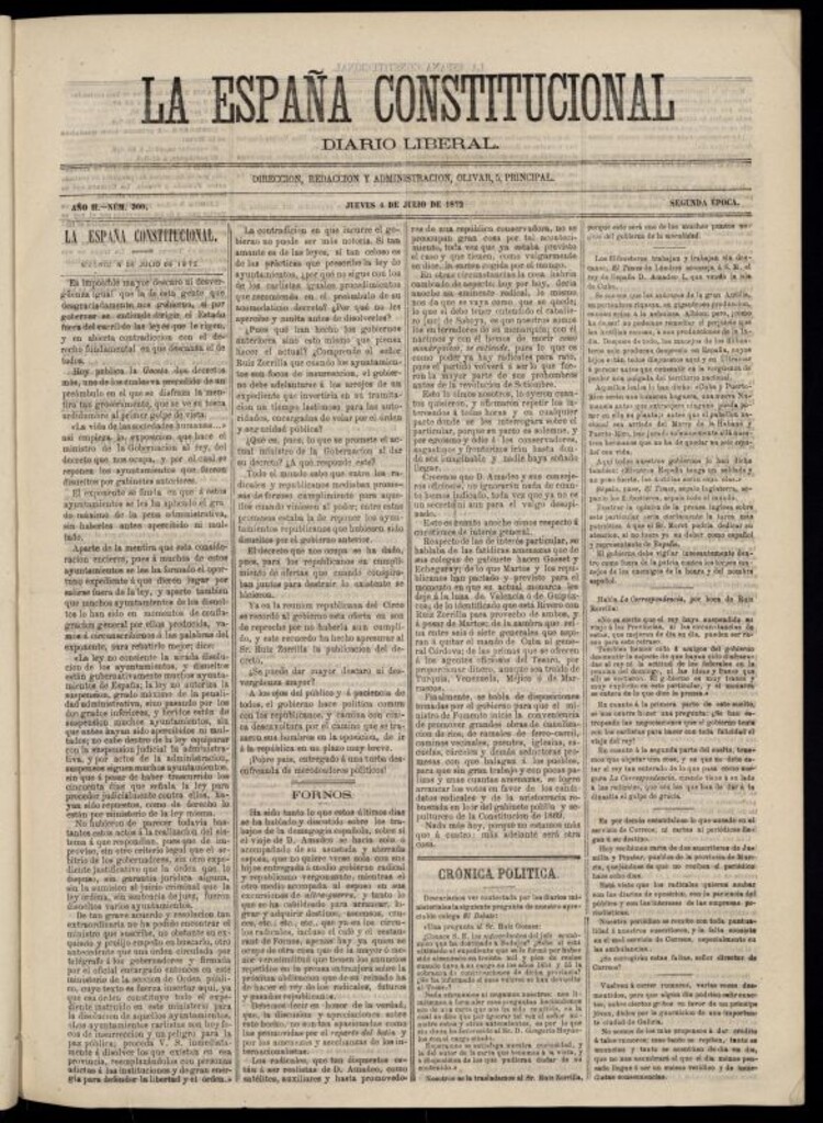 Miniatura de La España Constitucional : diario liberal del jueves 4 de julio de 1872. Número 300