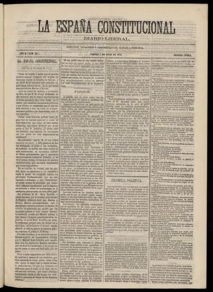 Miniatura de La España Constitucional : diario liberal del viernes 5 de julio de 1872. Número 301