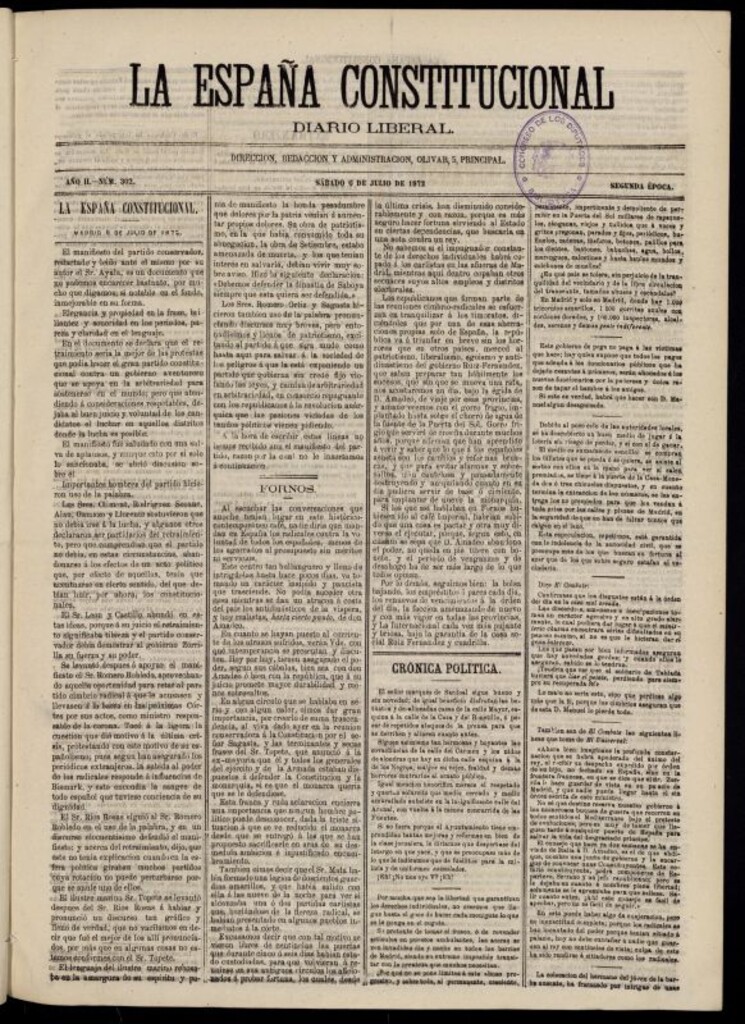 Miniatura de La España Constitucional : diario liberal del sábado 6 de julio de 1872. Número 302