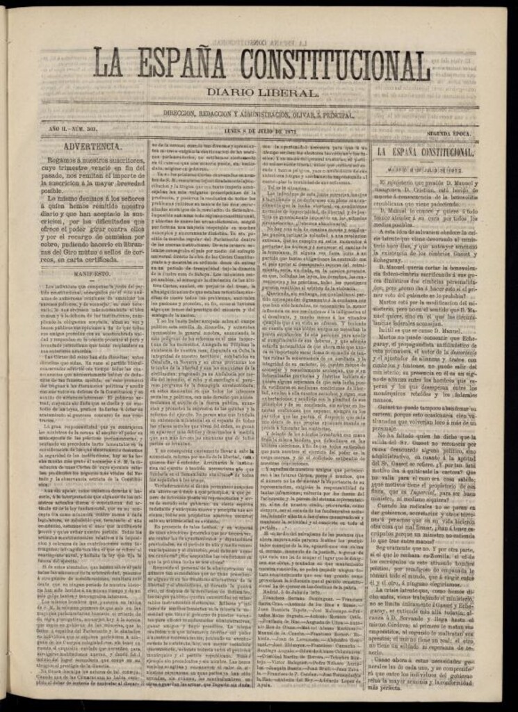 Miniatura de La España Constitucional : diario liberal del lunes 8 de julio de 1872. Número 303