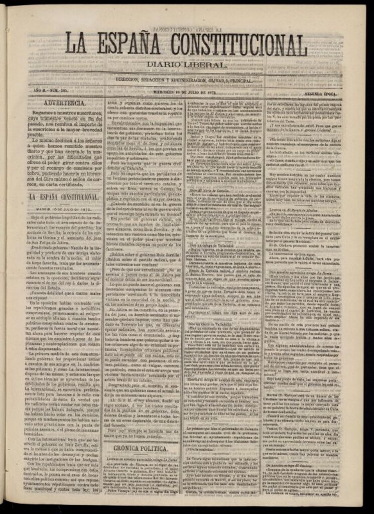 Miniatura de La España Constitucional : diario liberal del miércoles 10 de julio de 1872. Número 305