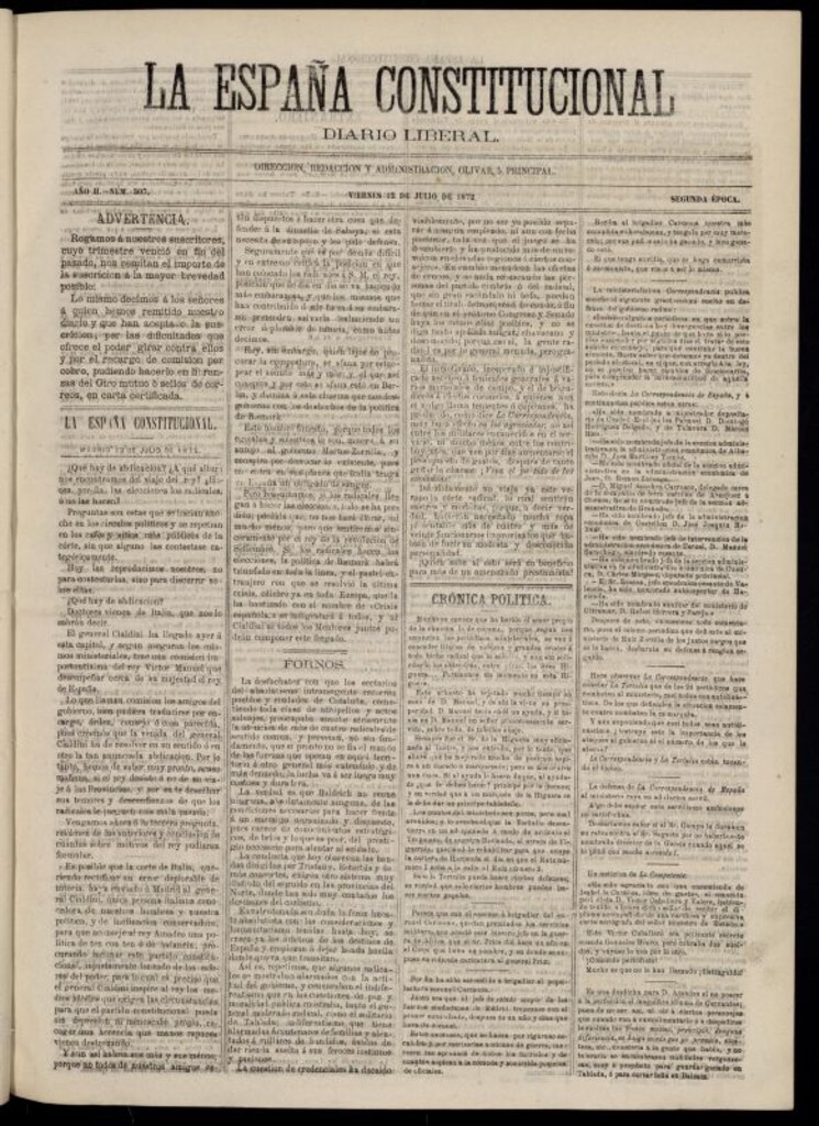 Miniatura de La España Constitucional : diario liberal del viernes 12 de julio de 1872. Número 307