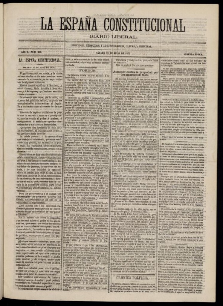 Miniatura de La España Constitucional : diario liberal del sábado 13 de julio de 1872. Número 308