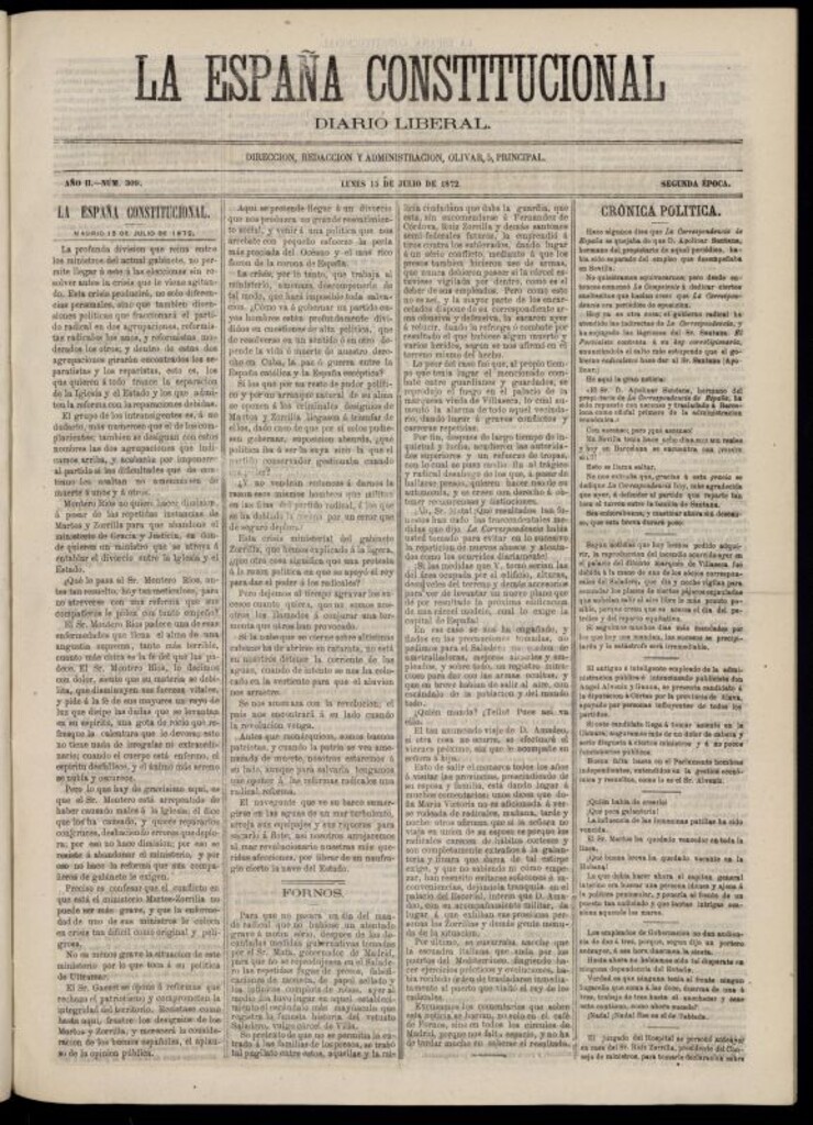 Miniatura de La España Constitucional : diario liberal del lunes 15 de julio de 1872. Número 309