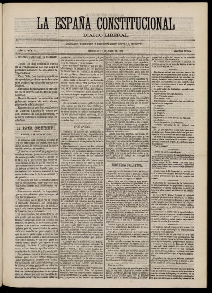 Miniatura de La España Constitucional : diario liberal del miércoles 17 de julio de 1872. Número 311
