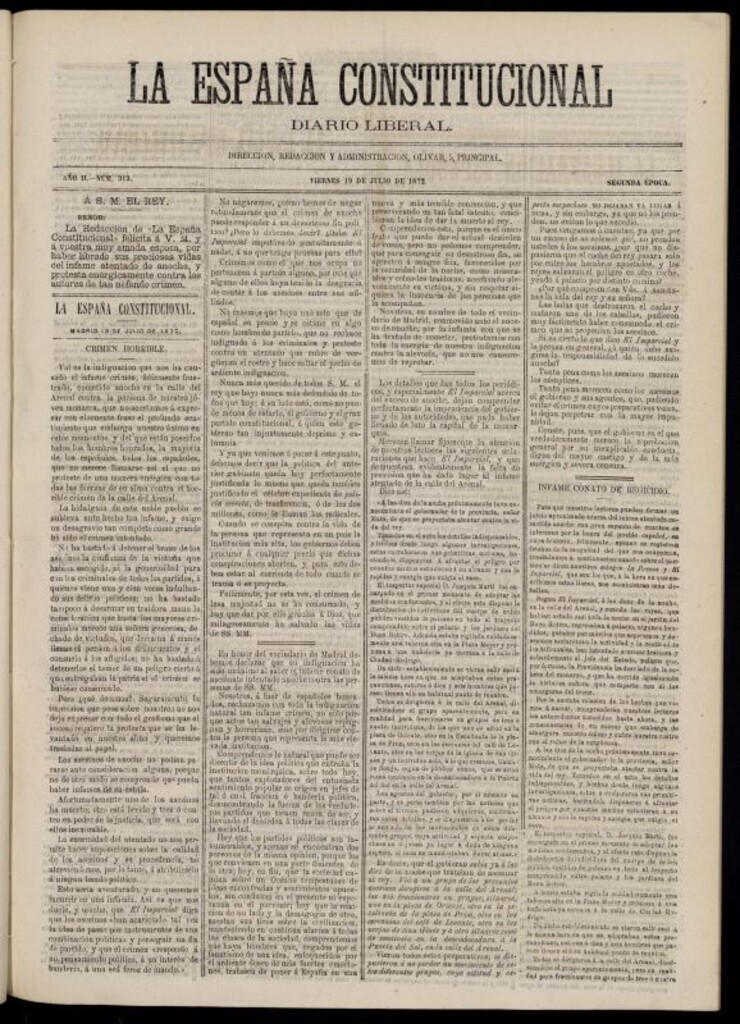 Miniatura de La España Constitucional : diario liberal del viernes 19 de julio de 1872. Número 313